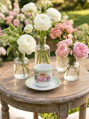 Vintage OG Germany Green and Pink Rose Porcelain Tea Cup and Saucer Set